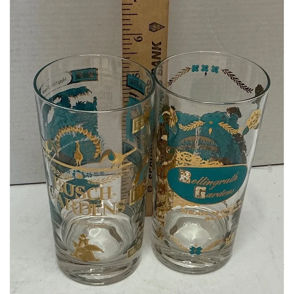 Vintage Souvenir Highball Glasses Busch & Bellingrath Gardens Gold Teal
